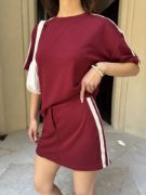 Osy Modal Yumuşak Dokulu Kumaş Parçalı Bisiklet Yaka T-shirt Mini Şortlu Etek İkili Takım -Bordo resmi